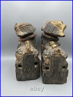 Pair Of Antique Chinese Wood Carved Statue / Sculpture Of Foo Dog