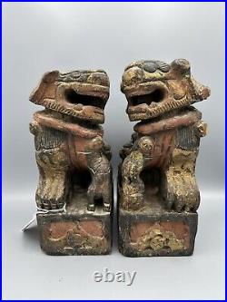 Pair Of Antique Chinese Wood Carved Statue / Sculpture Of Foo Dog