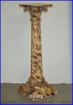 Pair Of Antique Hand Carved Corinthian Pillar Pedestal Stands Faux Marble Paint