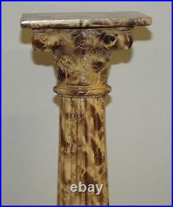 Pair Of Antique Hand Carved Corinthian Pillar Pedestal Stands Faux Marble Paint