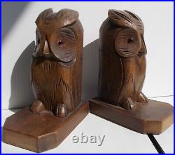 Pair Of Art Deco Hand Carved Wooden Owl Bookends