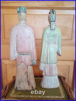 Pair Of Carved Wood Hand Painted Chinese Statues East Asia Figurines