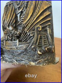 Pair Of Chinese Relief Carved Boxwood Bookends With Brass Plates Junk Boat