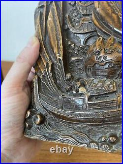 Pair Of Chinese Relief Carved Boxwood Bookends With Brass Plates Junk Boat