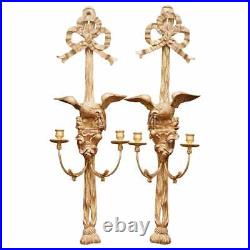 Pair Of Eagle Carved Regency Empire Gilt Wood Twin Light Wall Appliques Sconces