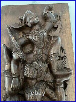 Pair Of Hand Carved Teak Wood Thai Panels Depicting Dancers & Mythical Figures
