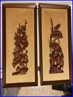 Pair Of MCM 1960s Carved Wood Wall Art Framed Floral Birds 3D