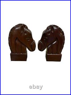 Pair Of Mahogany Horse Head Bookends Solid Wood Carved Vintage Equestrian RARE