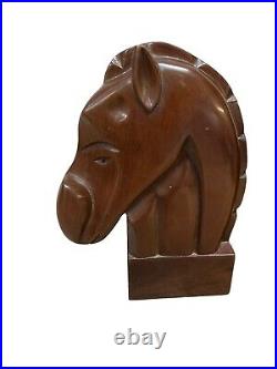 Pair Of Mahogany Horse Head Bookends Solid Wood Carved Vintage Equestrian RARE