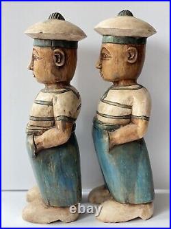 Pair Of Mid Century Carved Wood Painted Sailor Nautical Figure Statue Sculpture