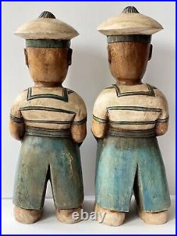Pair Of Mid Century Carved Wood Painted Sailor Nautical Figure Statue Sculpture