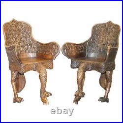 Pair Of Ornate Burmese Anglo Indian Hand Carved Circa 1880 Peacock Armchairs