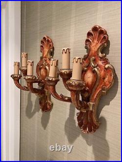Pair Of Vintage Italian Florentine Painted Carved Wood Triple Wall Lights
