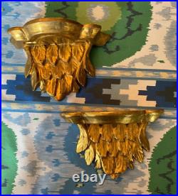 Pair Ornate Wood Carved Italian Florentine Gold Gilt Wall Bracket Sconce Shelf