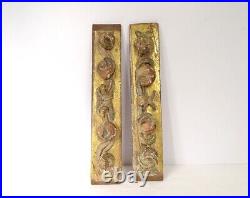 Pair Panels Decorative Wood Polychrome Golden Carved Flowers 19th Century