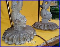 Pair Table Lamp Bases Fish Koi Dolphin Hand Carved in Wood Floral Petal Bases