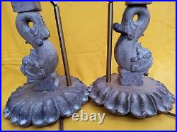 Pair Table Lamp Bases Fish Koi Dolphin Hand Carved in Wood Floral Petal Bases