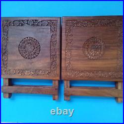 Pair Vintage Folding Carved Wood Tables