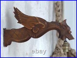 Pair Vintage French Carved Wood Gothic Chimera Wall Light Sconce Gargoye #3