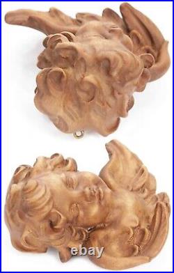 Pair Vintage Hand Carved Wood Cherub Angel Heads Wall Ornament Wooden Putto Old