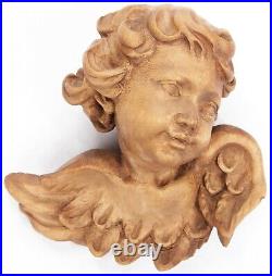 Pair Vintage Hand Carved Wood Cherub Angel Heads Wall Ornament Wooden Putto Old