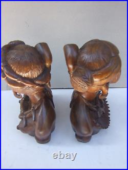 Pair Vintage Mid Century Hand Carved Wood Bali Balinese Statue Figure Sculpture
