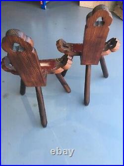 Pair Vintage Tripod Birthing Chair 3 Legged Stool Spanish Carved Wood Brown