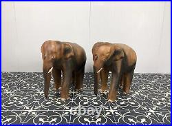 Pair Vintage Wooden Carved Asia Elephants Stylish Collectibles