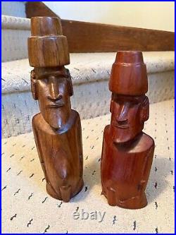 Pair Vintage hand carved wood Moai statues from Easter Island