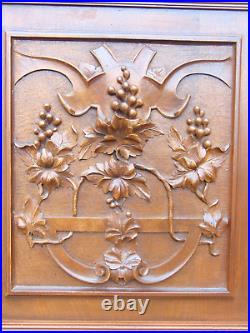 Pair antique French wood carved architectural door panels grapevine in relief