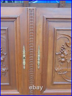 Pair antique French wood carved architectural door panels grapevine in relief
