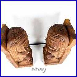 Pair of 2 Vintage Carved Wood Wooden Tiki Totem Bookends, Hawaii 12