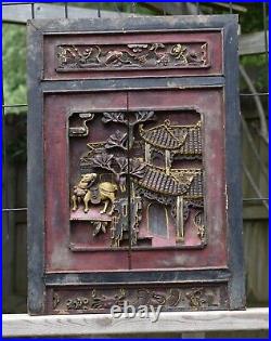 Pair of Antique Chinese Red & Gilt Wooden Carved Panel, 19th c