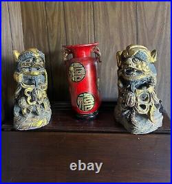 Pair of Antique Chinese Wood Carved Foo Dogs Luck Sculpture