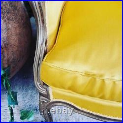 Pair of Antique French Armchairs Bergère 19th Century Yellow Silk Upholstery