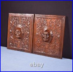 Pair of Antique French Carved Architectural Panels in Solid Walnut Wood withFaces