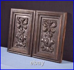 Pair of Antique French Highly Carved Panels in Oak Wood Salvage withPine Frame