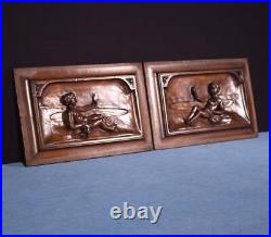 Pair of Antique French Highly Carved Panels in Walnut Wood Salvage withFigures
