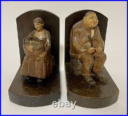 Pair of Antique Vintage Carved Wood Continental Bookends Naive German Dutch