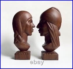 Pair of Carved Wood Sculptures Busts / Bookends Man & Woman Juan Ramirez Bolivia