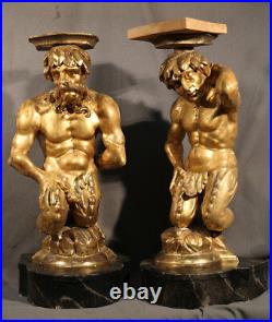 Pair of Gold Leafed Antique Wood Carved Pedestals Male Figures