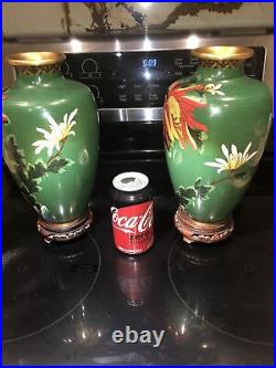 Pair of Large Chinese Cloisonné Vases With Carved Wood Bases Vibrant Colors