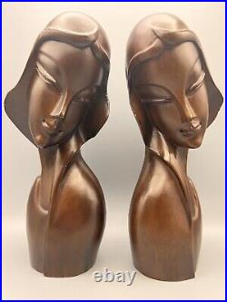 Pair of MCM Philippine Carved Wooden Female Busts 12H Marked Mid Century