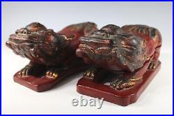 Pair of Vintage Chinese or Japanese Carved Wood Shishi Lions Foo Dogs