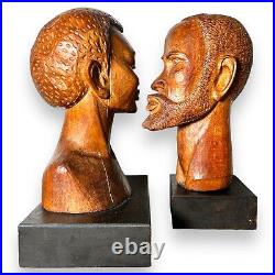 Pair of Vintage Hand Carved Wooden African Tribal Head Busts / Sculptures
