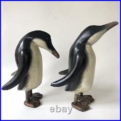 Penguins Wood Figurines Pair Carved Folk Art Vtg Painted Wooden Sculptures Large