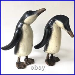 Penguins Wood Figurines Pair Carved Folk Art Vtg Painted Wooden Sculptures Large