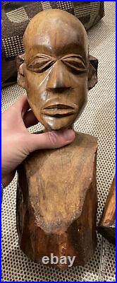RARE Pair Wooden Sculpture Vintage Exotic Hand Carved African Tribal Head 4kgs