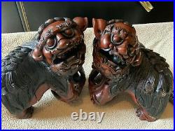 RARE Pair of Antique/Vintage Hand Carved Wood Foo Dogs Floating Ball Inside Ball