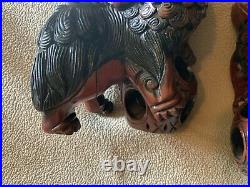 RARE Pair of Antique/Vintage Hand Carved Wood Foo Dogs Floating Ball Inside Ball